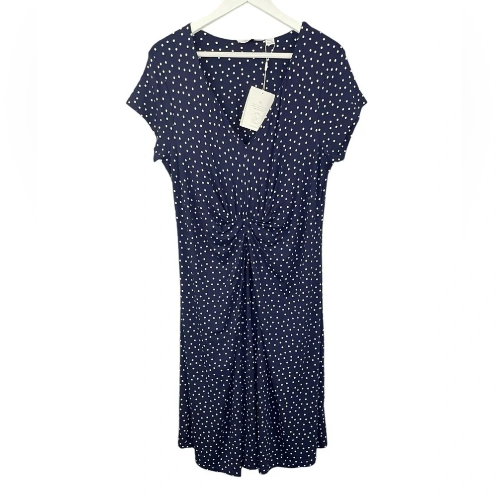 Seraphine Maternity Jersey Knit Dress Cap Sleeve Navy Blue Polka Dot NWT - Picture 2 of 13